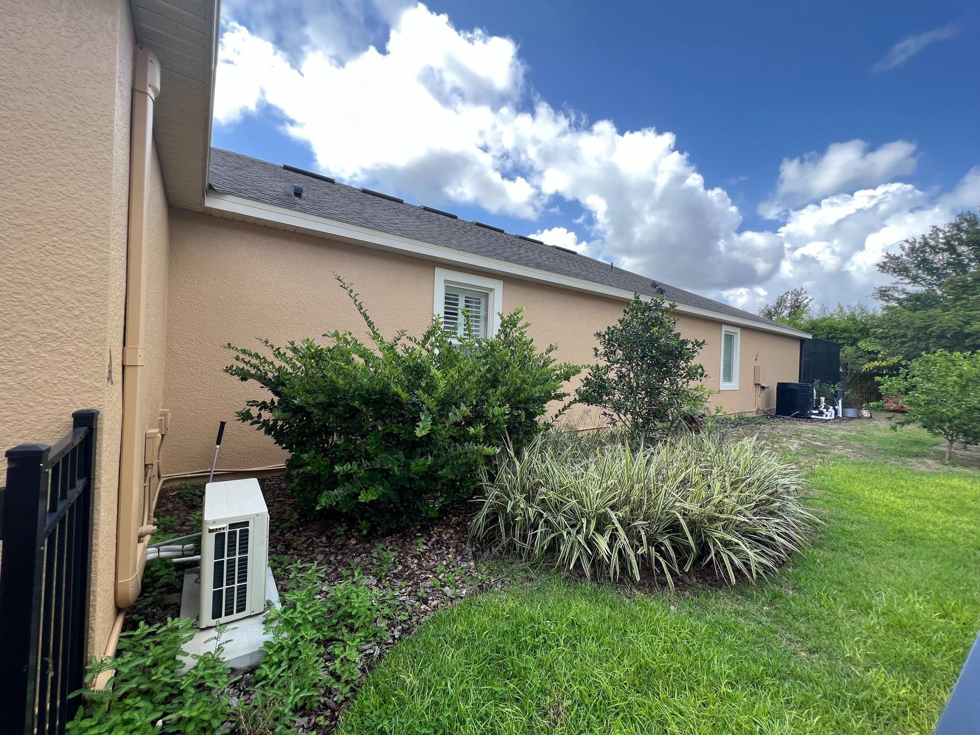 Beige house exterior with green bushes, white and green plant, black fence, and cloudy sky.