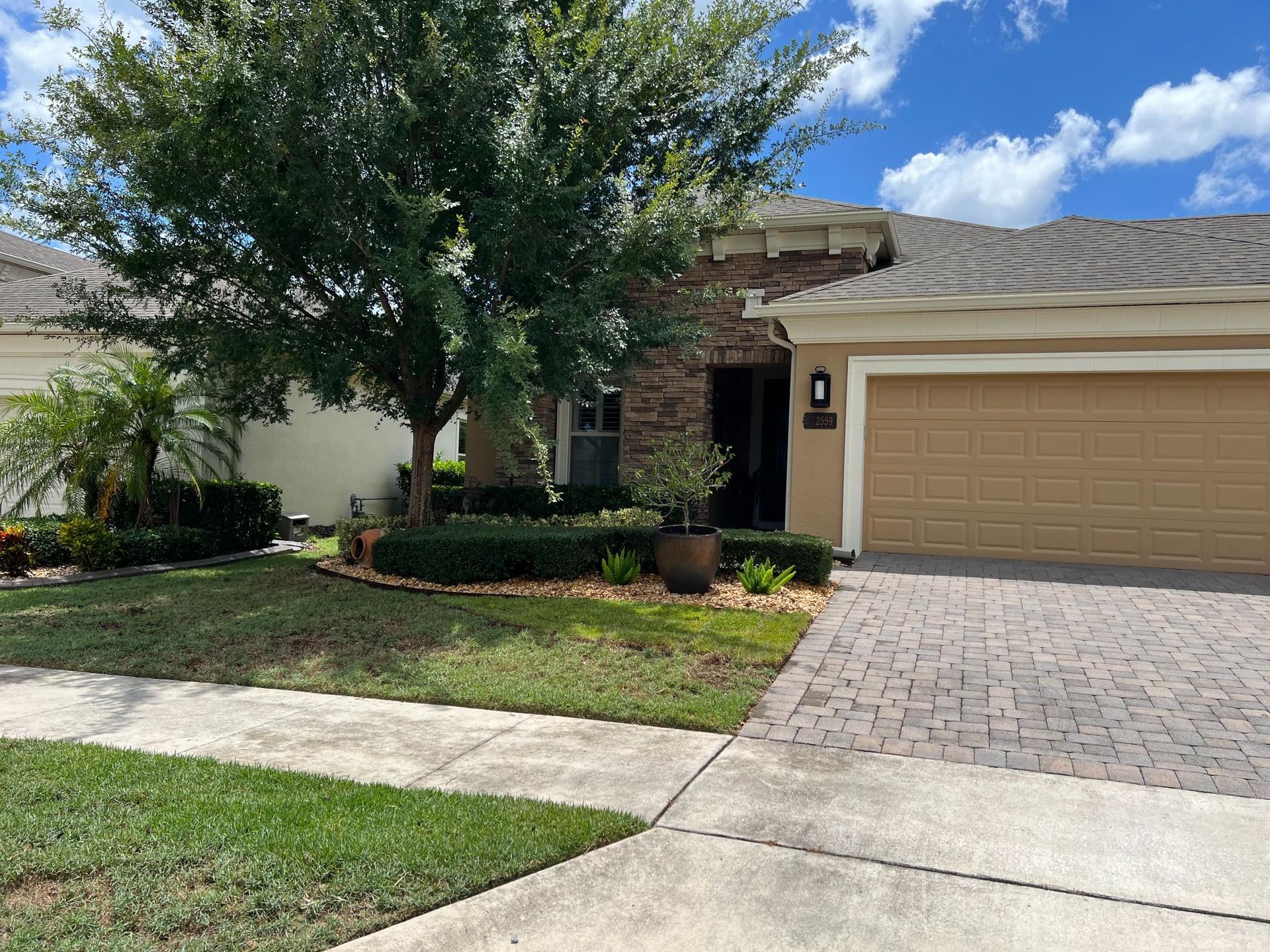 Suburban house with tan garage door, brick driveway, green lawn, and a large tree.