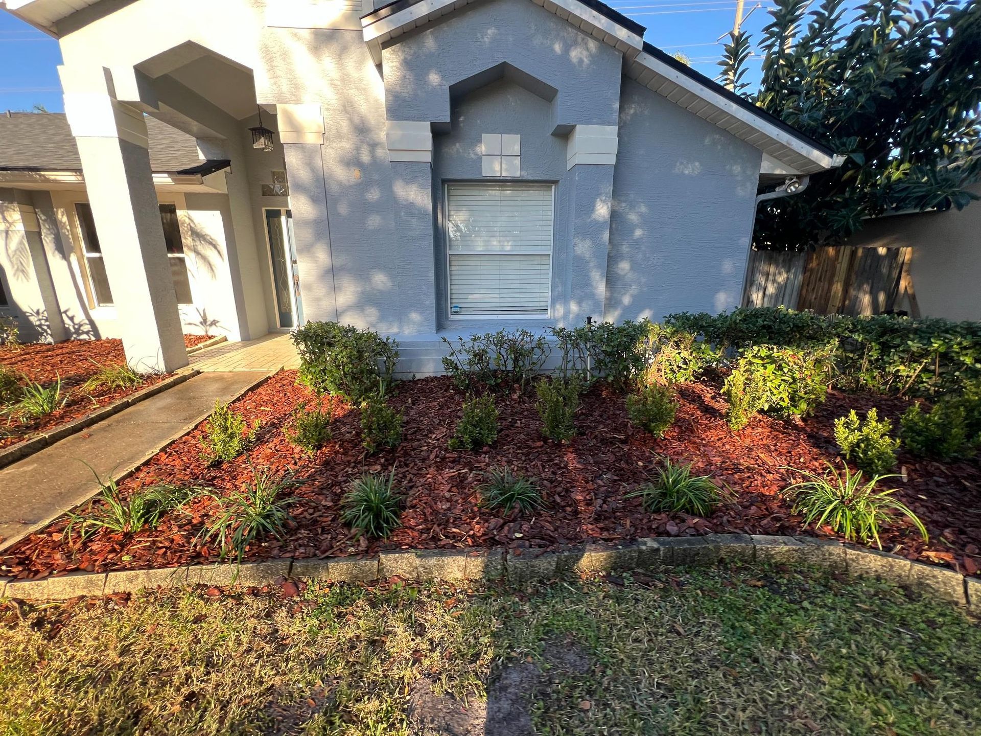 A house with light blue siding, a brown mulch bed, and green bushes along the front.