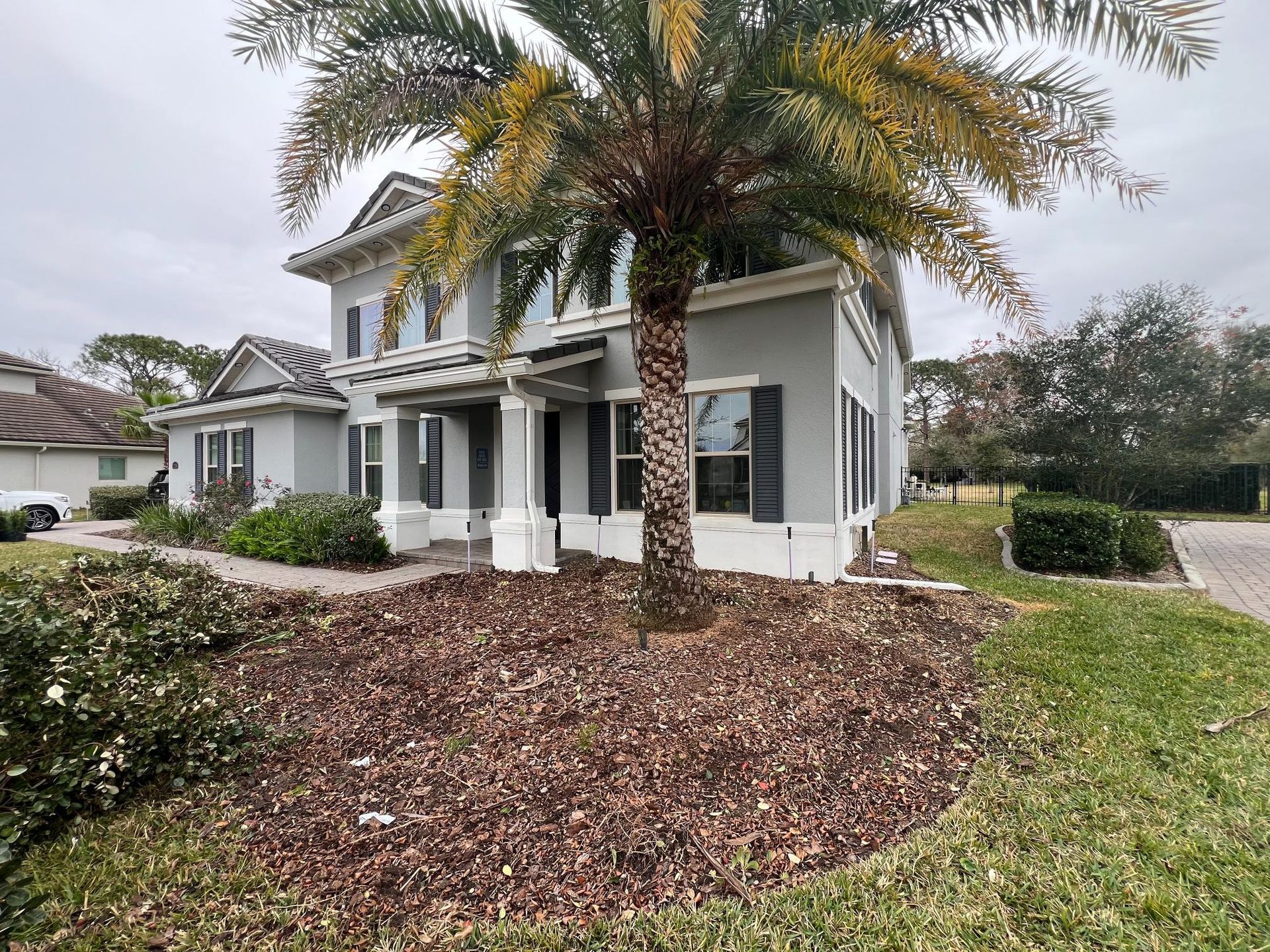 Two-story light blue house with palm tree in front yard, surrounded by mulch, and green grass.