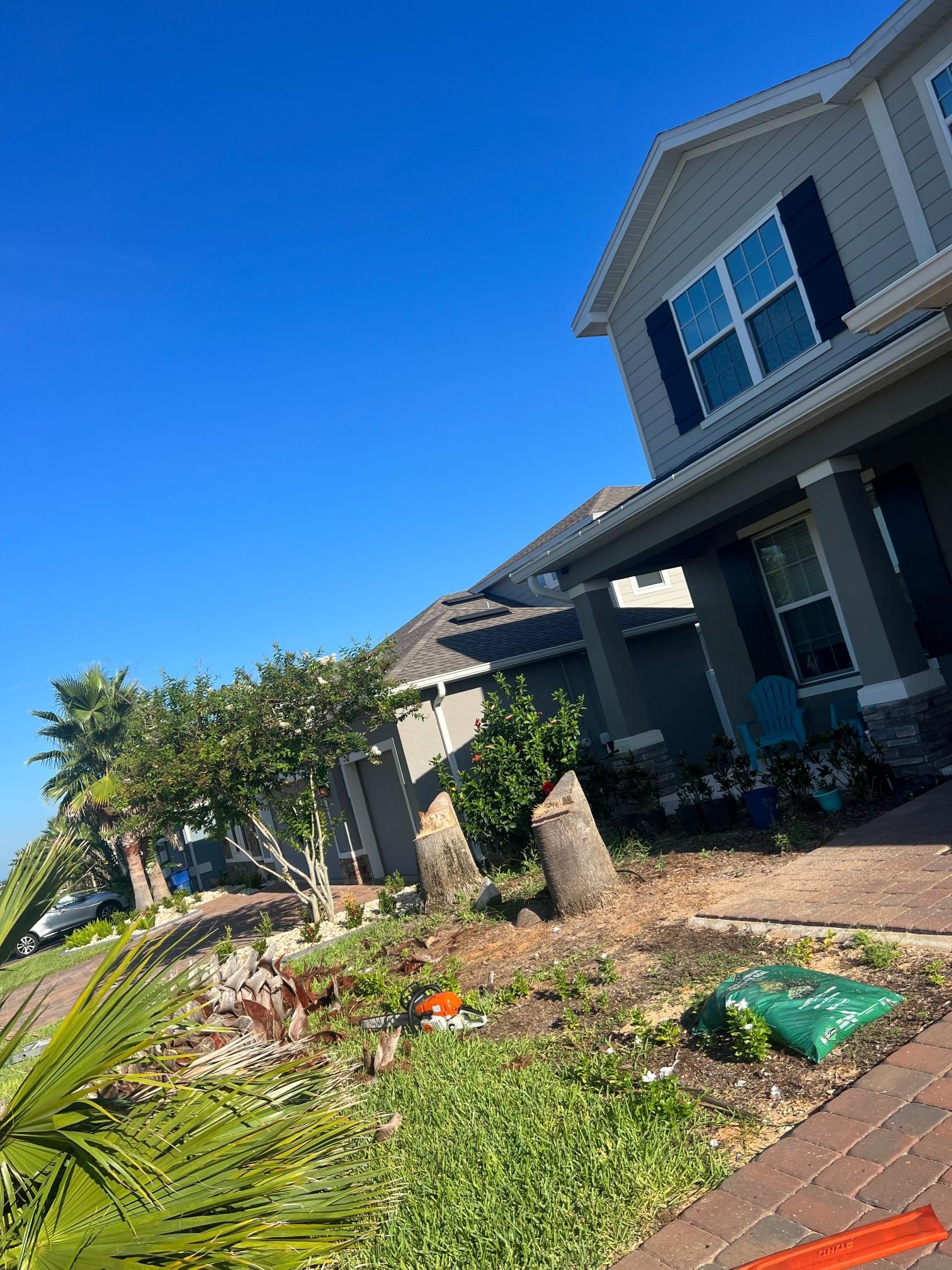 Two-story house with blue shutters, a porch, and a yard with tree stumps, green grass, and plants. Blue sky in background.
