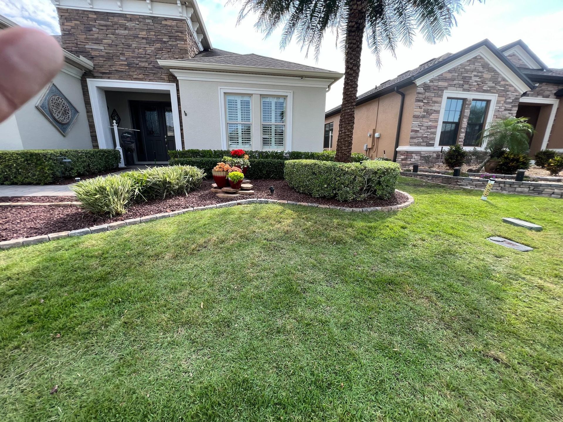 Front yard with manicured lawn and shrubs in front of a house.