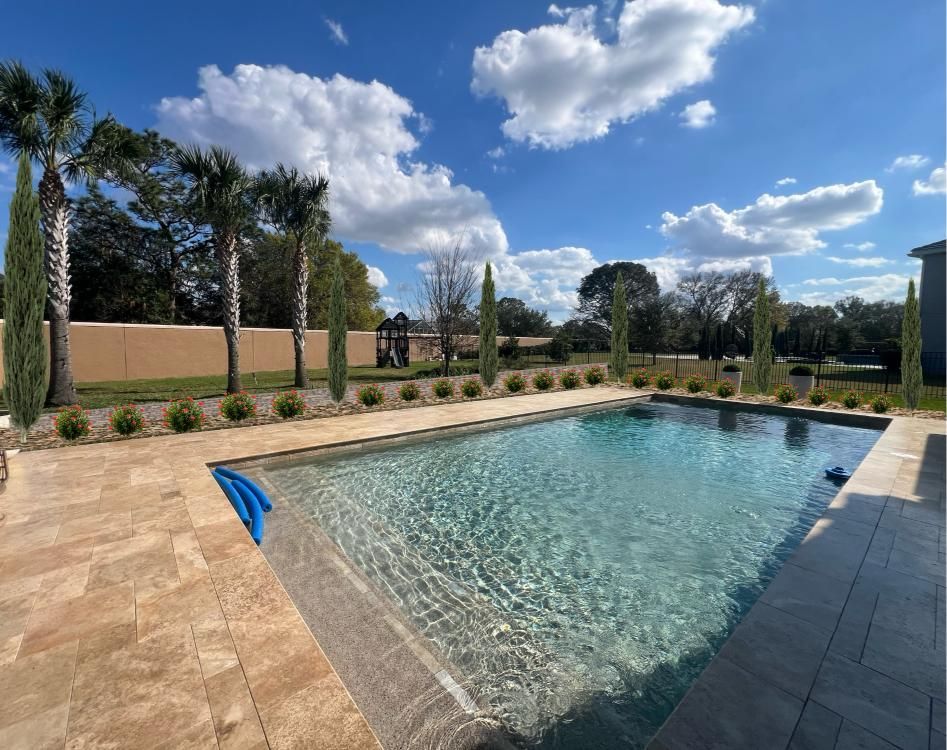 Swimming pool with blue water surrounded by stone patio, palm trees, and blue sky.
