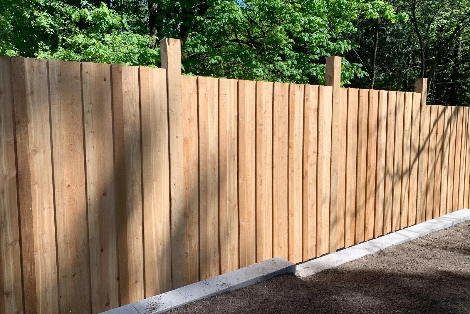 Wooden fence with vertical planks, concrete base, and greenery in the background.