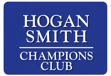 Blue Hogan Smith Champions Club logo with white text and border
