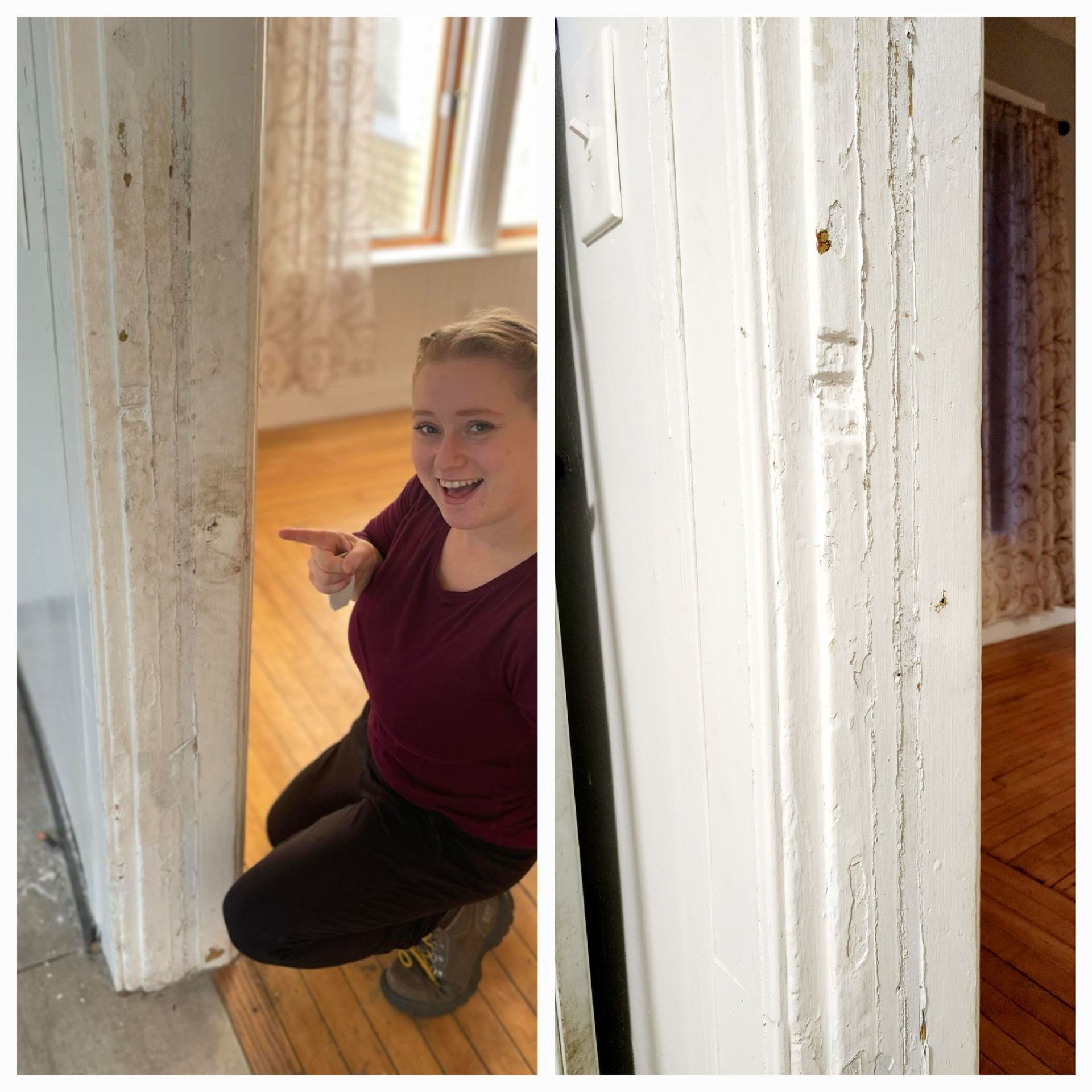 Woman points at peeling, white door frame in room with wooden floors.