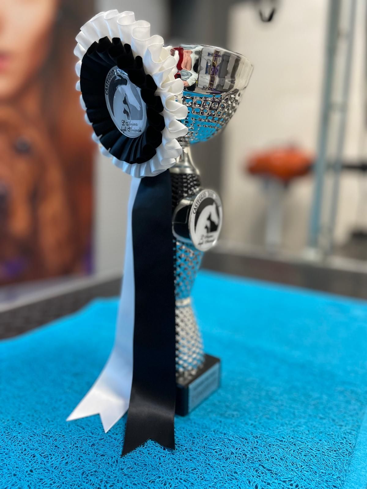 Cinque cani che guardano fuori da una porta. Sono di vari colori e razze, in un ambiente interno con una sedia.