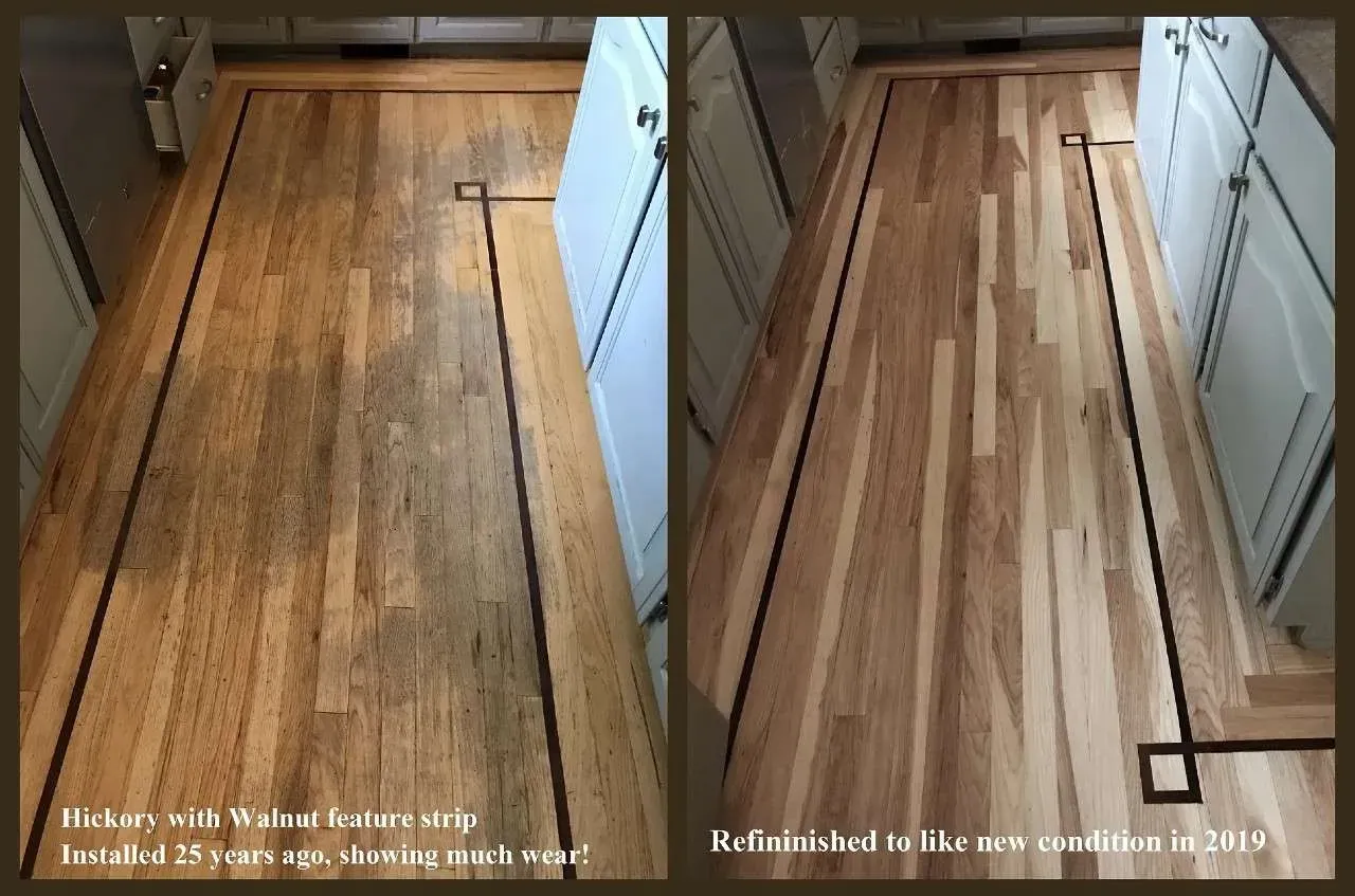 A before and after photo of a wooden floor in a kitchen