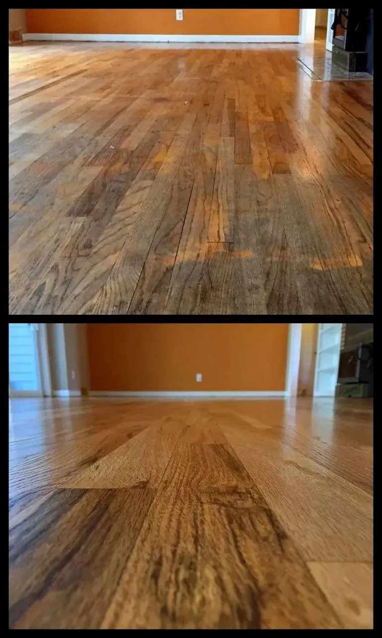 A before and after photo of a wooden floor in a living room.