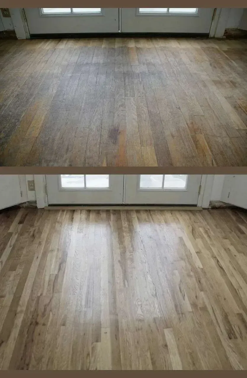 A before and after photo of a wooden floor in a room.