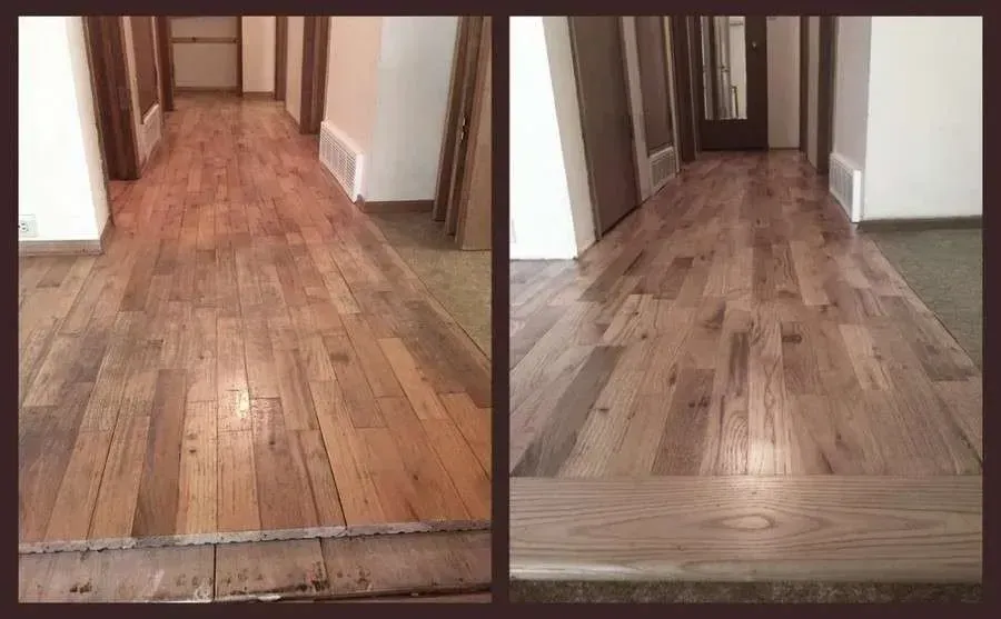 A before and after photo of a wooden floor in a hallway.