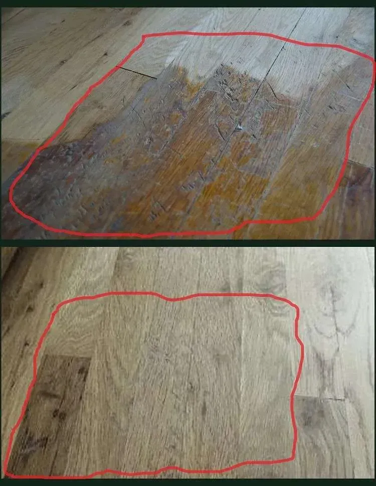 A before and after picture of a wooden floor with a red circle around it.