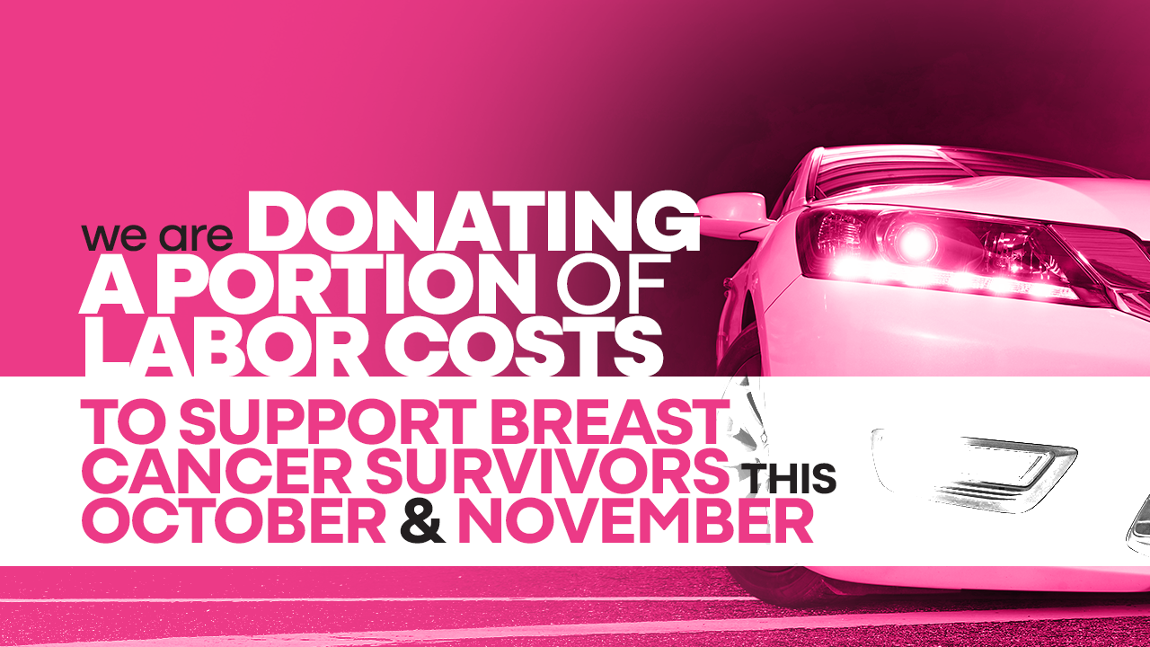 Pink ad: Donating labor costs to support breast cancer survivors this October & November. Car outline.