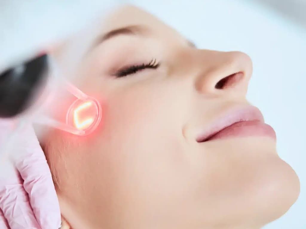 Woman receiving facial laser treatment; red light on cheek, eyes closed.