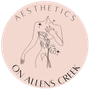 Logo for Aesthetics on Allens Creek: Outline of a torso with monstera leaves, text on a pink circle.