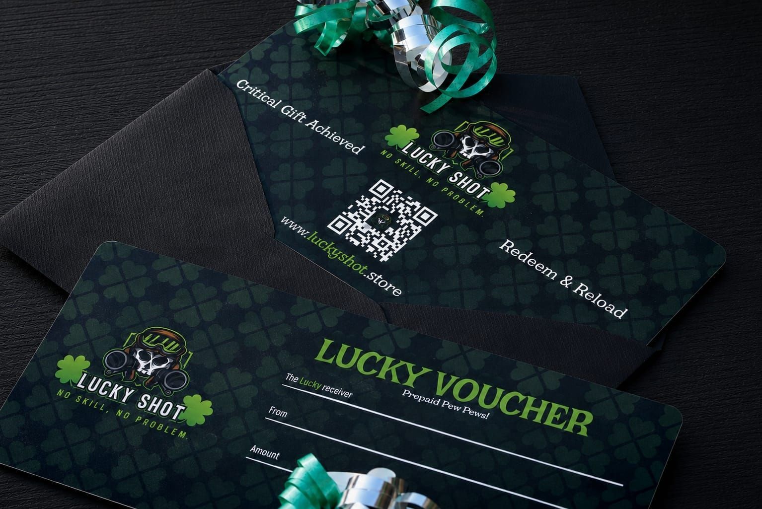 Dark green lucky voucher cards with QR code, shamrock accents, and festive design