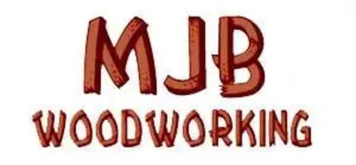 Logo for MJB Woodworking, with brown letters on a white background.