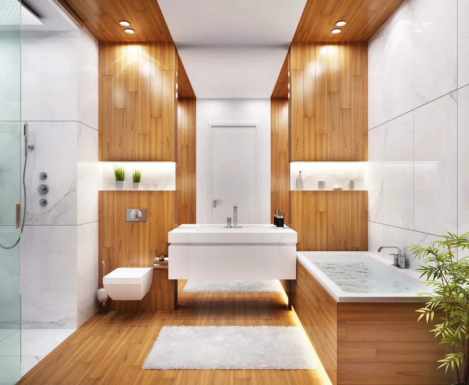 Modern bathroom with wood paneling, white walls, and a soaking tub.