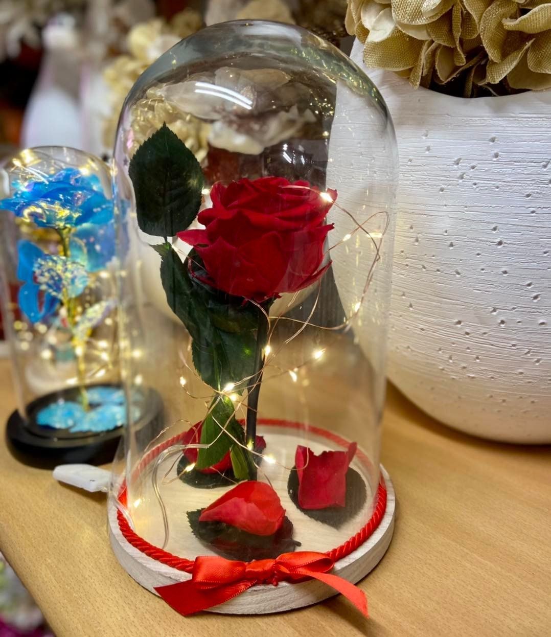 Red rose in glass with lights