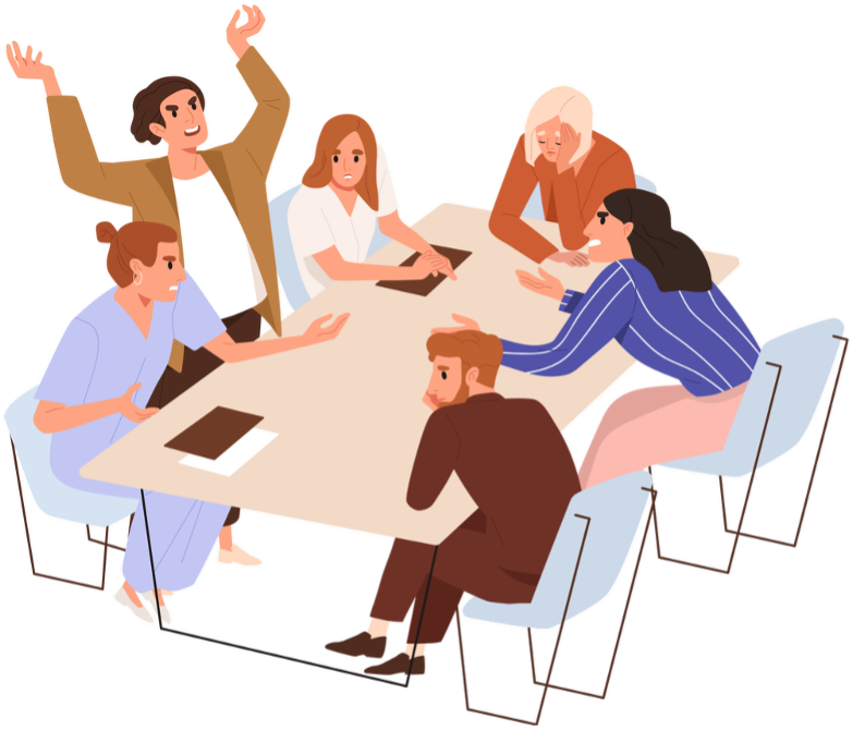 A cartoon image of a group of people sitting at a table.