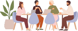 A group of people are sitting at a table with laptops.
