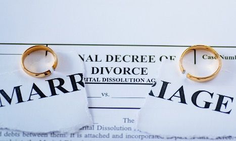 Two wedding rings are sitting on top of a ripped divorce decree