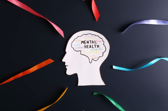 A drawing of a human head with the words mental health written on it