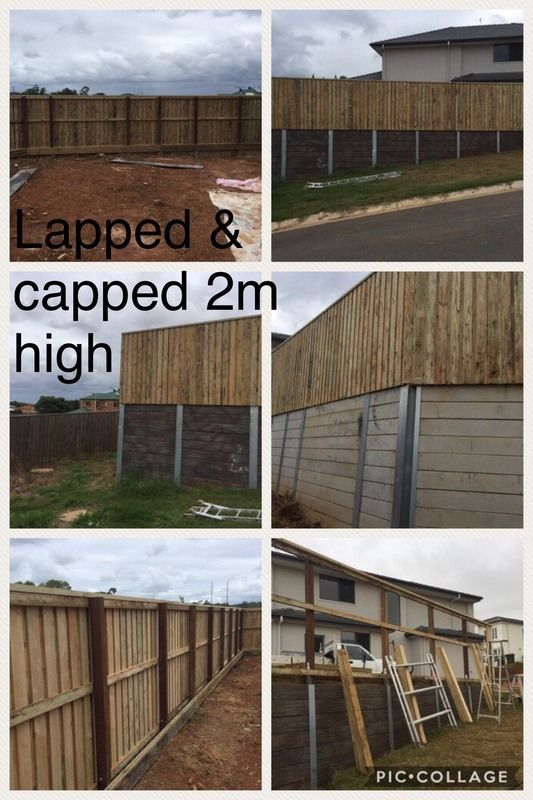 Collage of lapped and capped 2m-high wooden fence examples along homes and yards