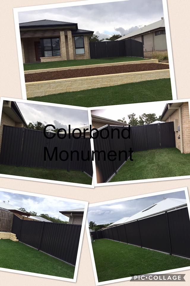 Collage of a modern house and tall black fence labeled “Colorbond Monument”
