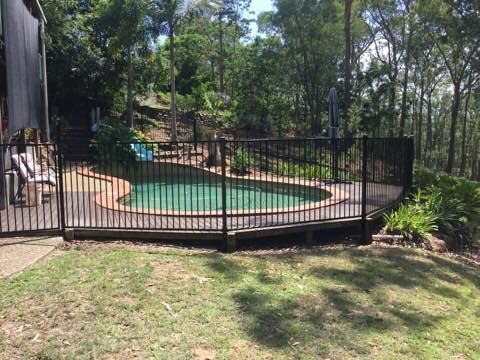 Backyard pool behind a black metal fence, surrounded by trees and grass