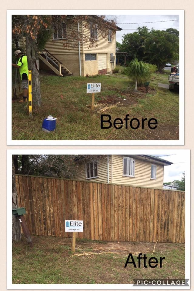 Before-and-after yard view: a house with a brown wooden fence replacing a sparse yard and tree.
