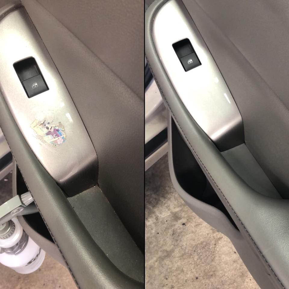 A before and after picture of a car door handle