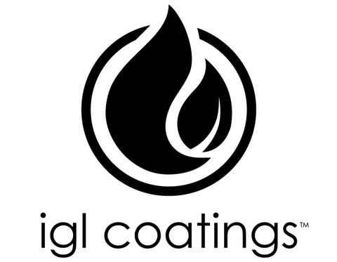 A black and white logo for igl coatings with a drop of water in a circle.