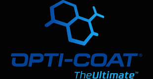 A blue opti-coat logo on a black background