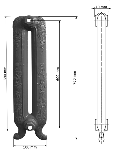 Schema eines gusseisernen Heizkörpers mit folgenden Abmessungen: 765 mm Höhe, 180 mm Breite und 70 mm Tiefe.