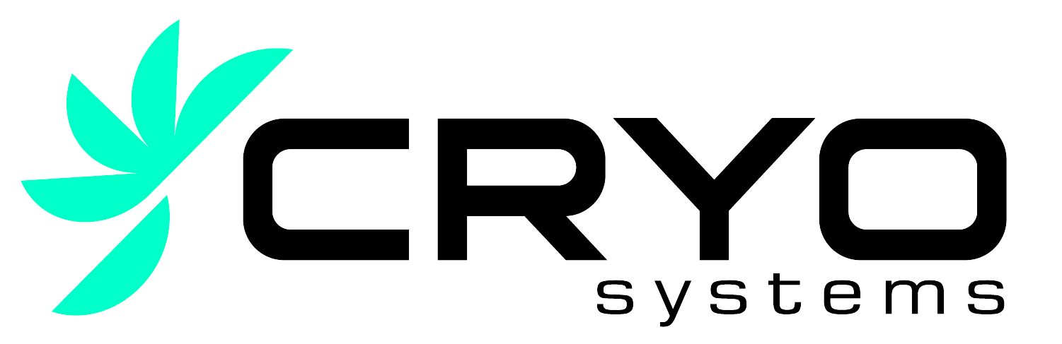 A logo for cryo systems with a green leaf on a white background.