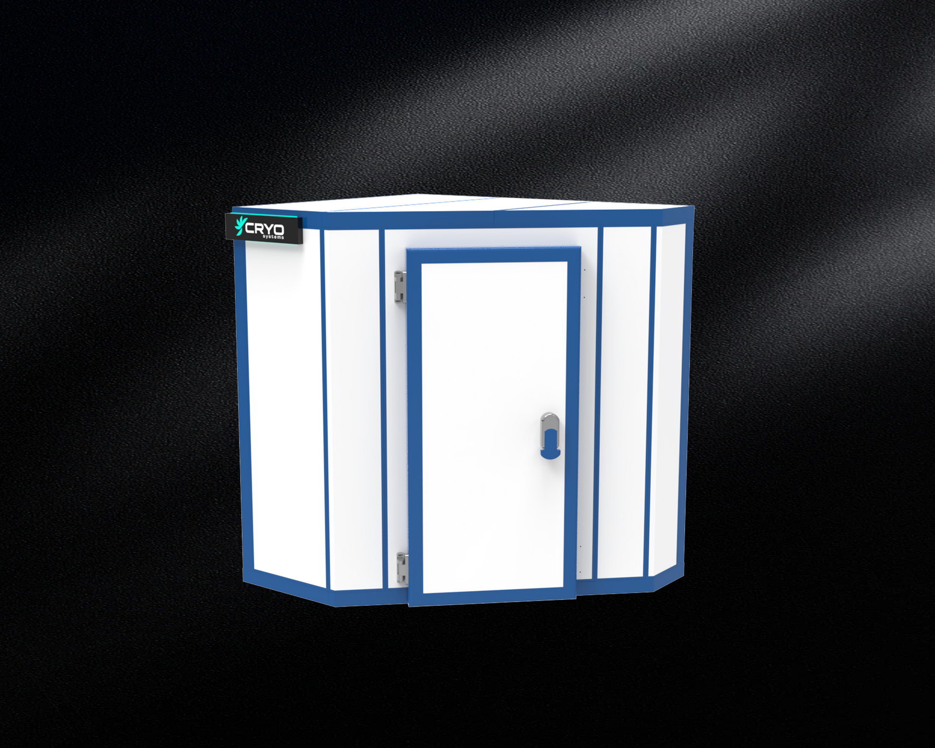 A white and blue building with a door that says cryo on it
