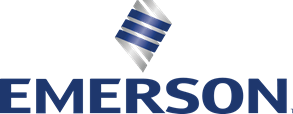The logo for emerson is blue and silver with a diamond in the middle.