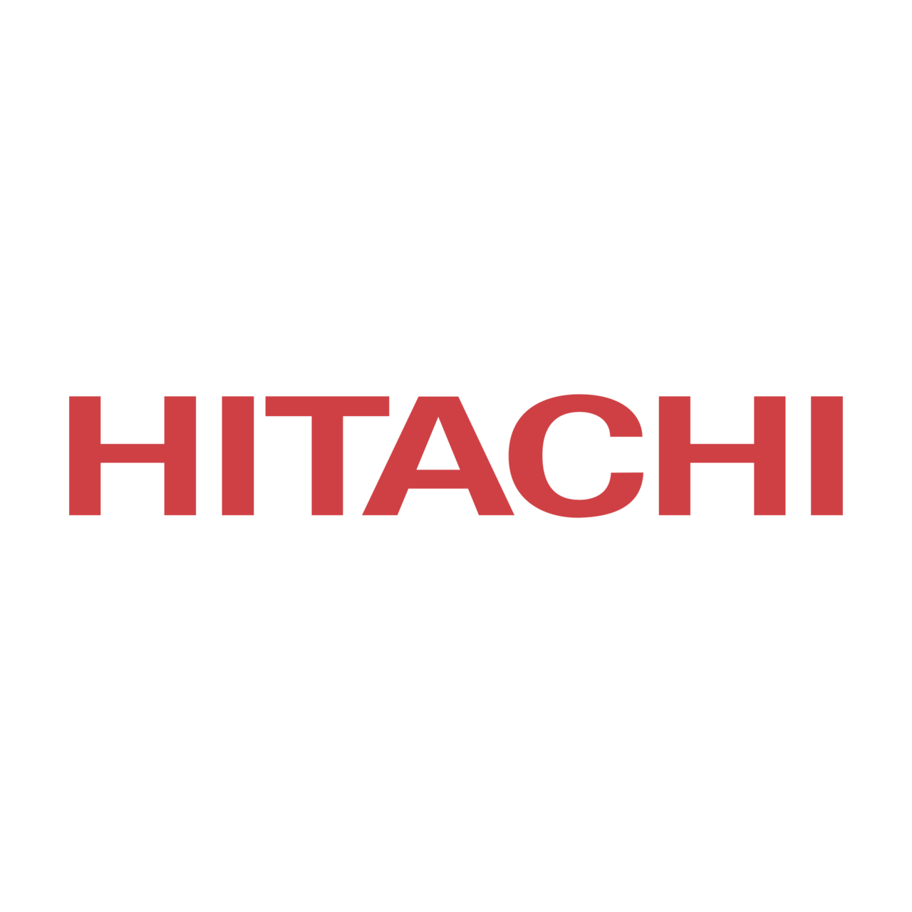 The hitachi logo is red on a white background.