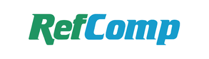 A blue and green logo for refcomp on a white background