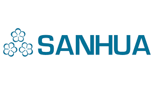 The logo for sanhua is blue and has three flowers on it.