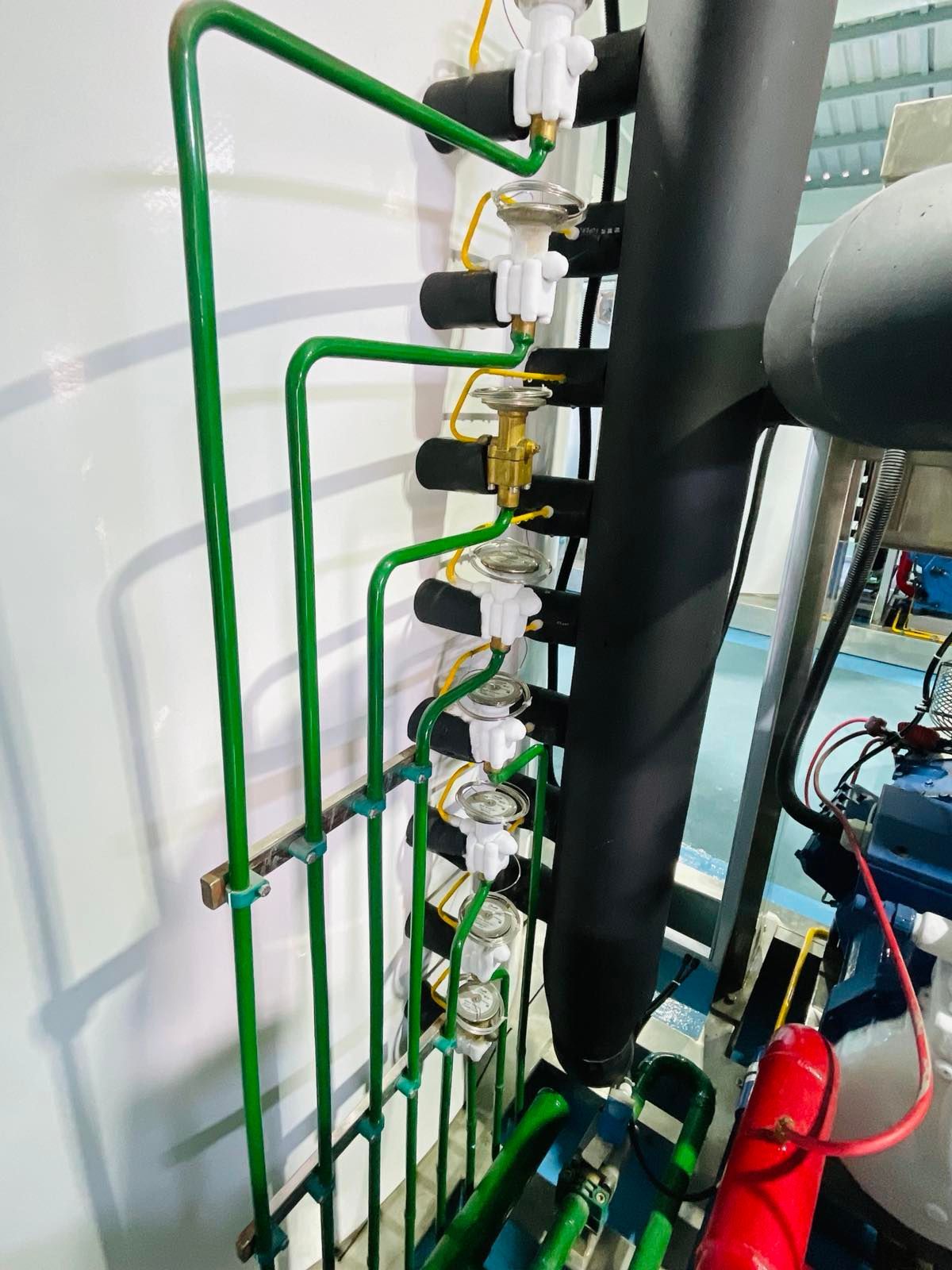 A bunch of green pipes are connected to a black pipe.
