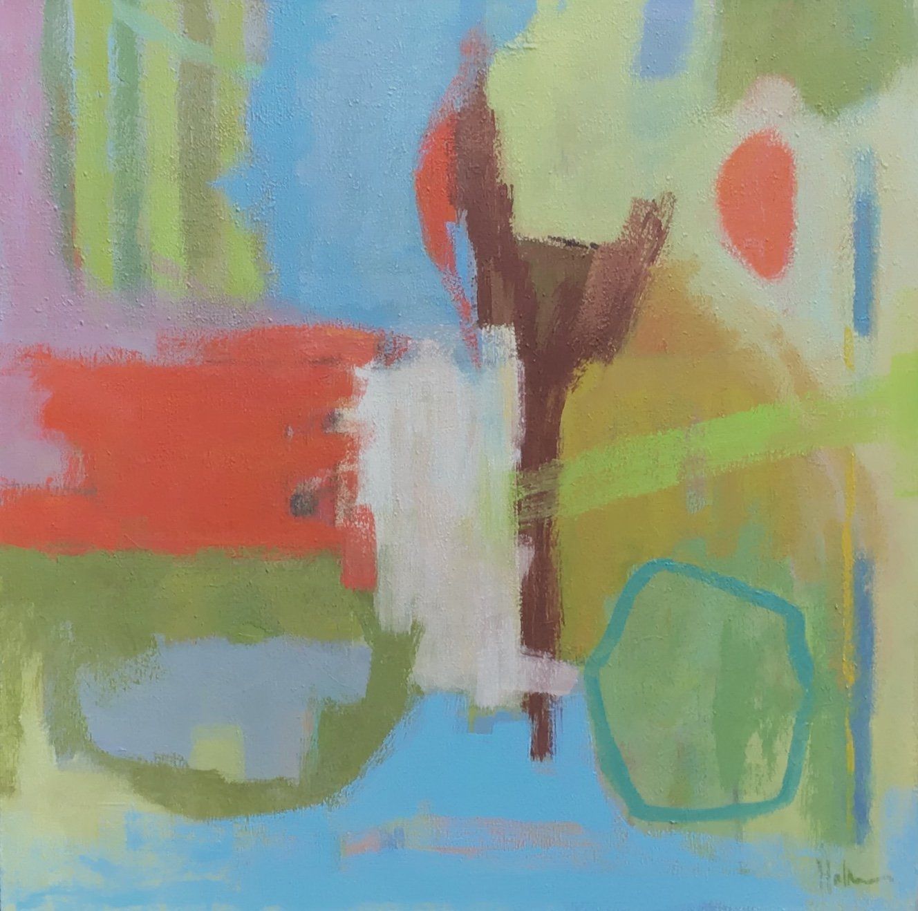 Contemporary abstract oil painting by British artist Michael Holmes employing a range of coloured forms and devices surrounding an empty space at the heart of the piece