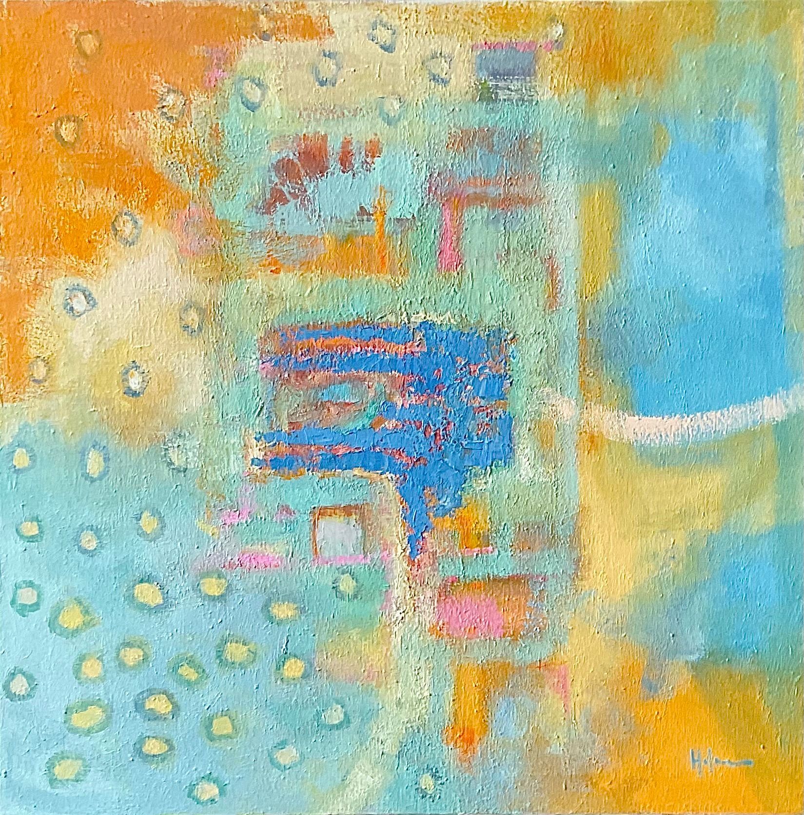 Contemporary abstract oil painting by British artist Michael Holmes using a rich impasto blue block to anchor the softer surrounding colour ideas
