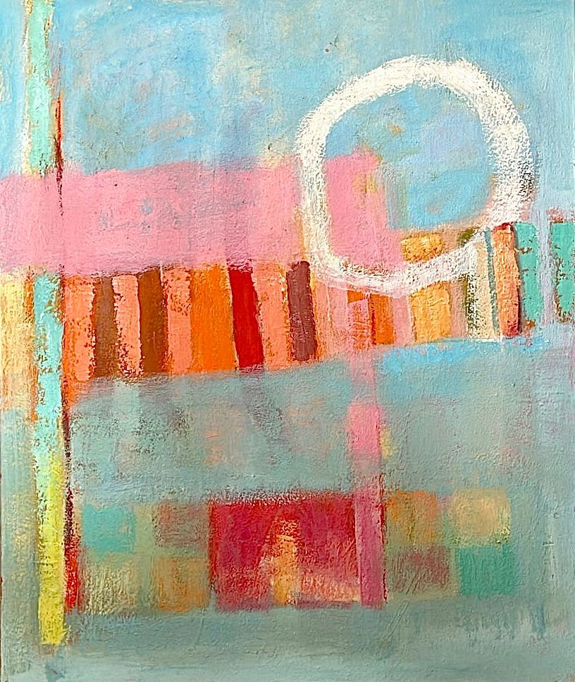 Contemporary abstract oil painting by British artist Michael Holmes employing bars of colour held in place by a white circle