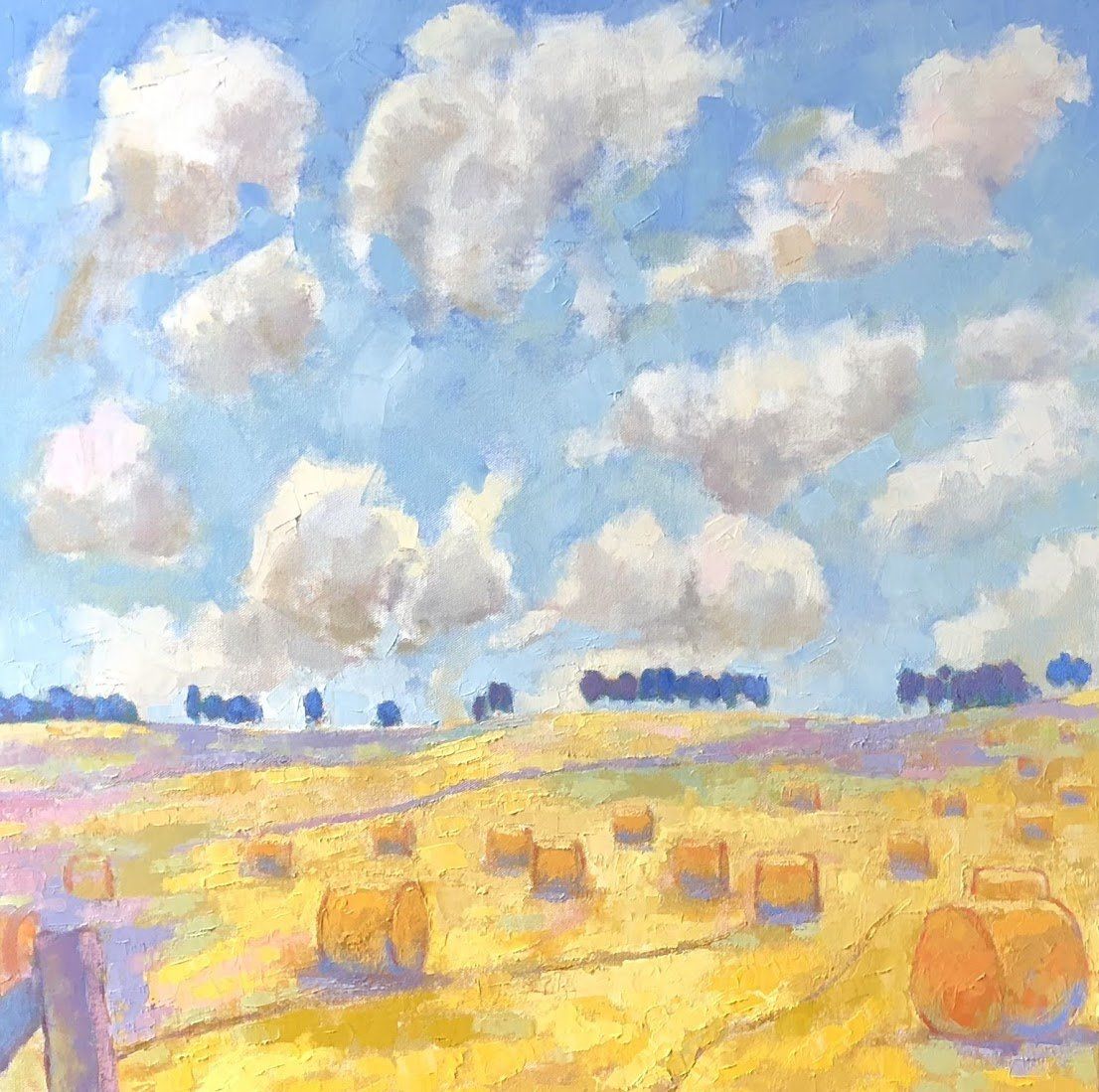 Impressionist oil painting of English countryside at harvest time by Michael Holmes