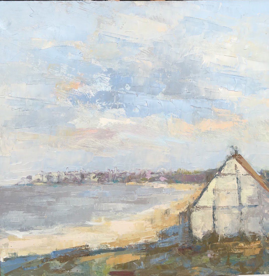 Modern impressionist oil painting using palate knife by Michael Holmes looking towards Aldeburgh in Suffolk