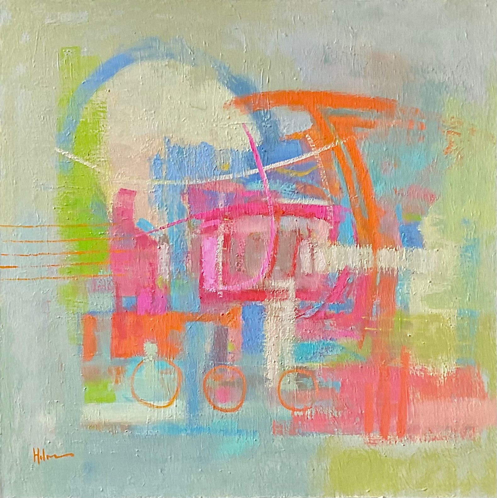 Contemporary abstract oil painting by British artist Michael Holmes drawing on the memory of a moonlit night over a London skyline broken by giant cranes