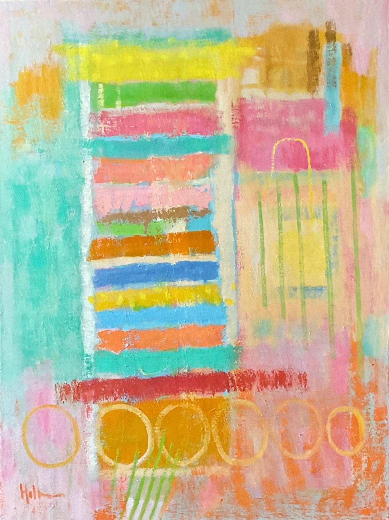 Contemporary abstract oil painting by Michael Holmes based on coloured light reflecting off garden steps