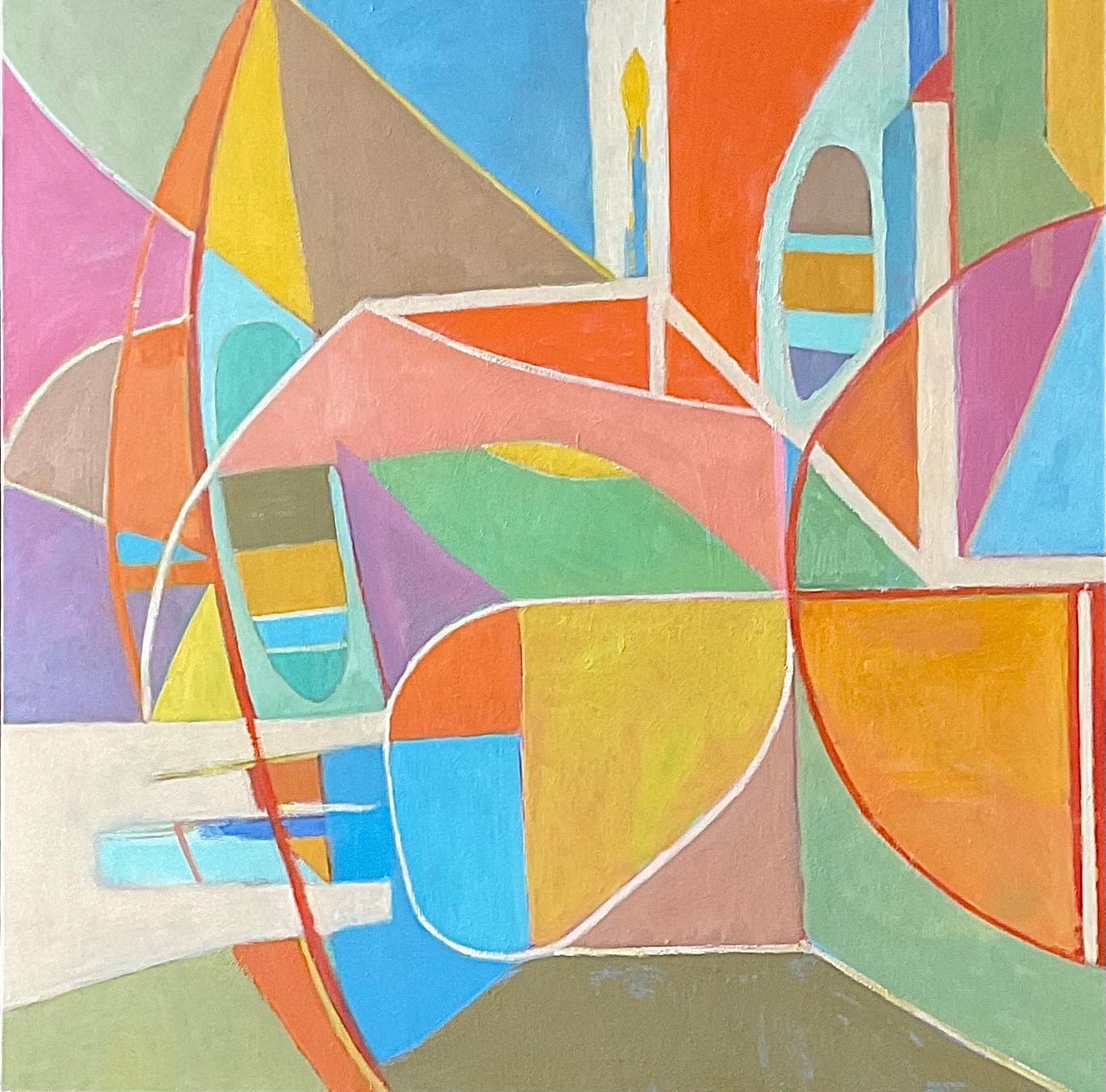 Contemporary abstract oil painting by British artist Michael Holmes creating a colour rhythm through intersecting geometric shapes
